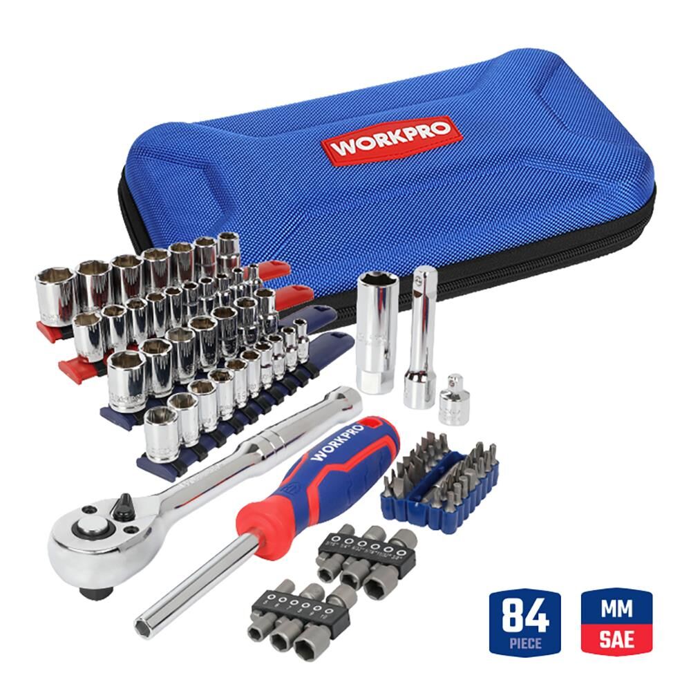 WORKPRO WP209006 84 Parça 3/8’’ 1/4’’ CR-V Metrik/İnç Profesyonel Lokma ve Bits Uç Takımı