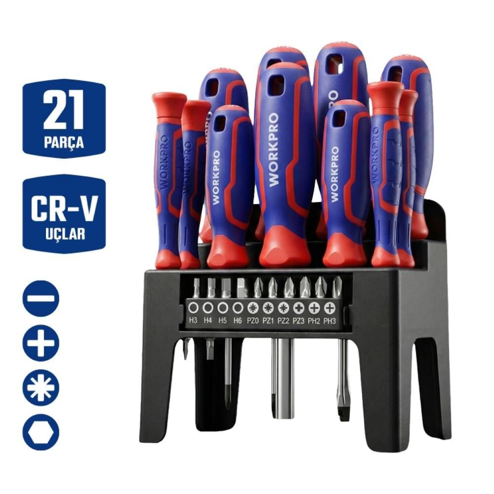 WORKPRO WP200551 21 Parça CR-V Duvar Askı Aparatlı Profesyonel Manyetik Tornavida Seti