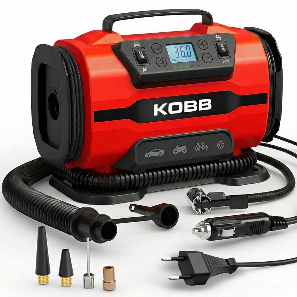 KOBB KB301 12Volt 220Volt 150 PSI Ayarlanabilir Dijital Basınç Göstergeli Lastik ve Yatak Şişirme Pompası